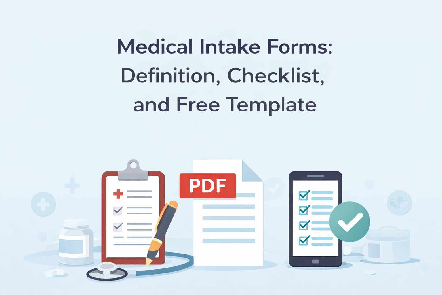 Medical intake forms featured image with the text “Medical Intake Forms: Definition, Checklist, and Free Template” and icons of a clipboard form, a PDF document, and a mobile checklist.